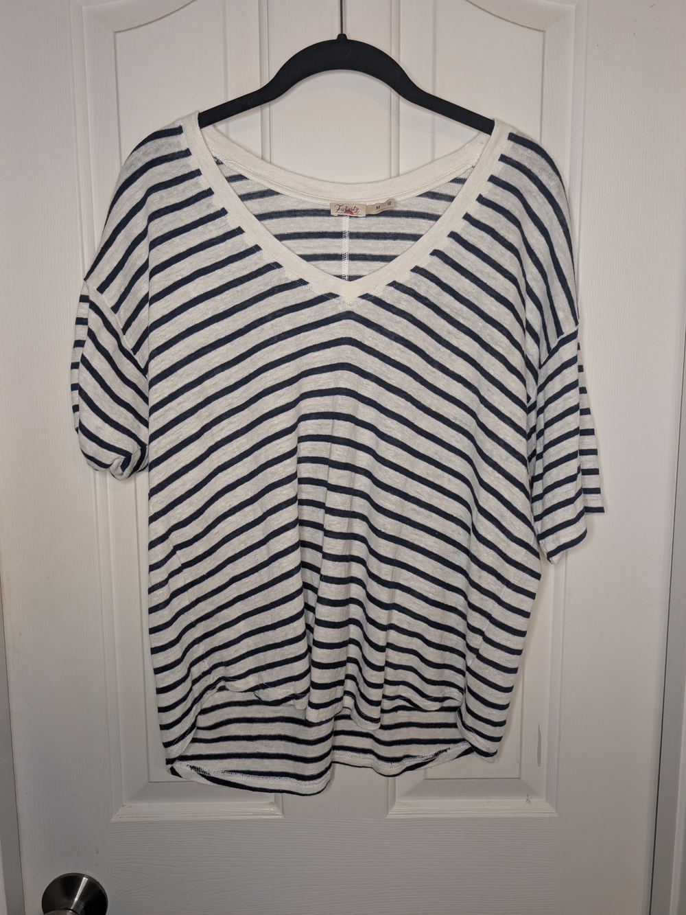 Casual Striped V-Neck Linen Tee - Navy & White